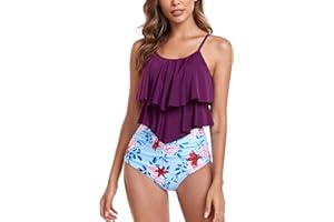 FLYILY Tankini High Waist damski dwuczęściowy zestaw bikini, z falbankami, z nadrukiem, moda kąpielowa z wysoką talią, spodnie bikini, górna część stroju plażowego