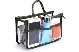 IGNPION Organizer per borse in PVC trasparente, 8 tasche, da viaggio, per trucchi, articoli da toeletta e cosmetici, organizer per ragazze e donne, con cerniera e manici (verde militare)