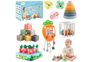 SHAINE Montessori zabawka dla niemowląt 6 w 1, zabawka dla dzieci od 6 do 12 miesięcy, sensoryczna zabawka motoryczna, zabawka układana w stos, silikonowa zabawka do aktywności ze sznurkiem, przyssawka