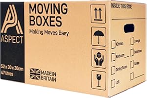 Aspect 10 Strong Large Cardboard Storage for Moving 52cm x 30cm x 30cm House Storage Packing Boxes With Carry Handles Storage Boxes for Packing With Room List Checkboxes - 47 Litres