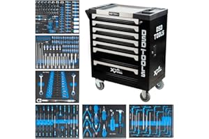 DSD TOOLS Steel Tool Chest Trolley Cabinet Fully Loaded Workshop Tool Box on Castors with Lockable Storage and Easy Mobility (Black)