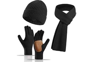 INQUIRLLY Cappello Sciarpa e Guanti Touch Screen Set, nero set sciarpa e cappello uomo donna, set tre pezzi sciarpapail cappello e guanti Adatto per i viaggi invernali e il miglior regalo per buoni amici
