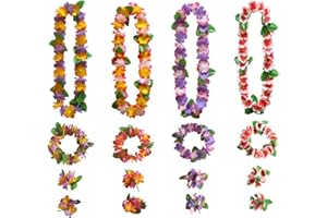 NITAIUN 16 Pieces Hawaiian Leis & Decorations, Flower Necklace & Bracelets Headband, for Tropical Party Beach & Hawaiian Night Bar Vacation