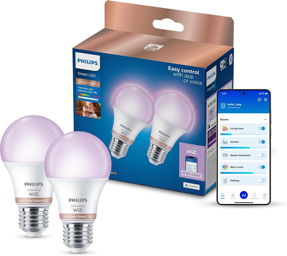 Philips Smart Lighting LED Ampul A60 E27 60W Eşdeğer RGB 2'li Paket - Google Home, Alexa, HomeKit ve Matter uyumlu