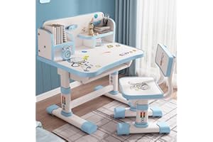 Calager Kids Desk and Chair Set,Height Adjustable Children Study Desk Chair,School Student Writing Desk Table with Drawer Bookstand,Ergonomic Student Learning Table Chair for Girl Boy Blue D