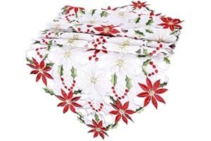FEELAVA Runner da tavola ricamato, con poinsettia e agrifoglio, per decorazioni natalizie, biancheria da tavola natalizia per decorazione natalizia, tovaglia decorativa