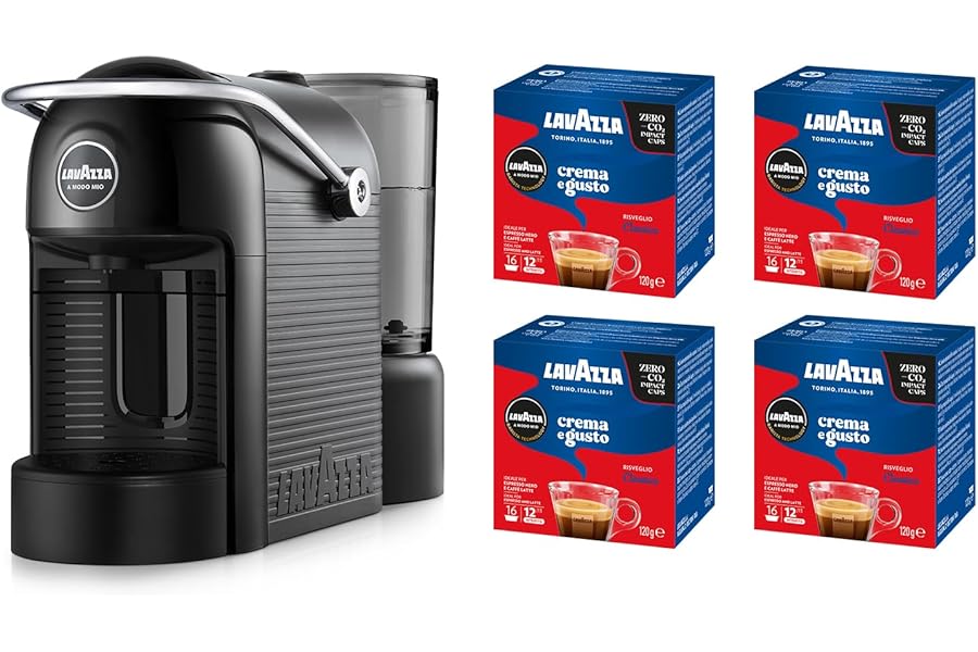 Lavazza A Modo Mio Jolie Evo Coffee Machine Made with 36% Recycled Plastic, Espresso Machine with 64 Capsules Lavazza A Modo Mio Crema and Classic Flavour Included, Black