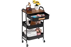 DOEWORKS Storage Trolley on Wheels 3-Tier Metal Trolley Cart with Drawer Rolling Kitchen Trolleys Beauty Trolleys with Leather Handle for Room Bathroom Office, Black