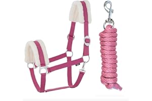 JA Horse Kunstfell Halfter Führstrick Set mit Karabinerhaken verstellbar Pferdehalfter Pferd Holzpferd Anbindestrick (Kunstfell Karabinerhaken Pink, Cob)