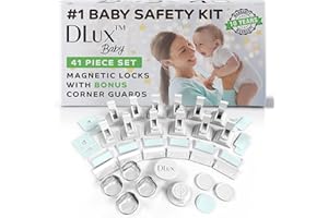 DLux Magnetic Child Safety Cupboard Locks for Children [12 Magnetic Locks, 2 Keys & 4 Corner Protectors] Baby Proofing Kitchen Cabinets & Drawers with Extra Strength Adhesive