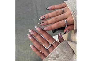 JUSTOTRY 24 Pcs Double Color Swirl Almond Short False Nails,Black and White French Press on Nails Pattern,Trendy Fake Nails Short with Nail Glue,Nude Oval Medium Stick on Nails for Women