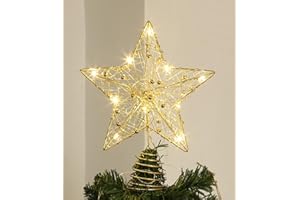 SOBEAU Estrella LED de Cinco Puntas para Árbol de Navidad - Decoración Topper de Metal Oro 25cm