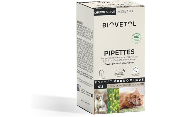 BIOVETOL - Pipettes Anti Puces, Anti-Tiques et Anti moustiques -Bio Certifié Ecocert - Repousse Pendant 4 Semaines - pour Chaton & Chat - Conçu et Fabriqué en France - 12 Pipettes