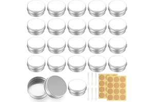 MAUUUBA 22 Pcs Pots en Aluminium, 15ml Pot de Creme Vide, Petite Boite Metallique Ronde, Pots de Contenants Cosmétiques Vides pour Baume à Lèvres, Lotion, Crèmes, avec 24 étiquettes, 6 Grattoirs