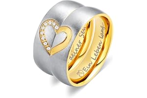 Wycian Eheringe Gold, Trauringe Edelstahl Herz Ring 6mm Zirkonia Gravur Ein Leben lang...an deiner Seite Pärchen Geschenk mit Kette