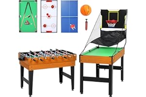 SPORTNOW Mesa Multijuegos 5 en 1, Mesa de Juego con Futbolines para Niños, Billar, Ping-Pong, Hockey y Baloncesto, Diversión Familiar para Adultos y Niños, 134x108x144 cm, Natural y Negro