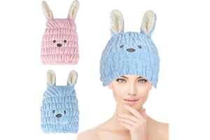 Jodsen 2 Pièce Bonnet Seche Cheveux Secs Serviette de Sèche Cheveuxs Microfibres Turban avec Oreilles de Lapin Cheveux à Séchage Rapide Bonnet de Bain à Séchage Rapide Super Absorbante pour Femmes