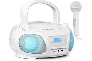 AUNA Roadie Sing - Appareil karaoké, Système karaoke complet, Lecteur CD, Port USB, MP3, Radio FM, Bluetooth 3.0, Eclairage LED, Fonctionnement sur piles ou secteur, Fonction Sing-A-Long - Blanc