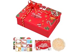 FICOFISE Weihnachts Geschenkbox mit Deckel, luxuriöse Geschenkboxen für Weihnachten, 290x220x105mm, Stabile Faltbare Geschenk Box,Inkl Zufällige Weihnachtsklebefolien & Karte & Raffia (Rote)