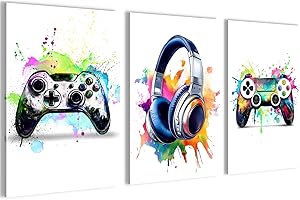Novart Bilder Set Spielkonsole Gamer - Kein Extra Rahmen benötigt - Wandbilder für Kinderzimmer Jungen Teenager - 3 Teilig Deko Weiß - N038736a