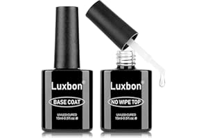 Luxbon 2 Pcs 15ml No Wipe Gel Top Coat and Base Coat Set - Long Lasting, Shine Finish, UV LED Nail Lamp Soak Off Gel Nail Prep Set Manicure