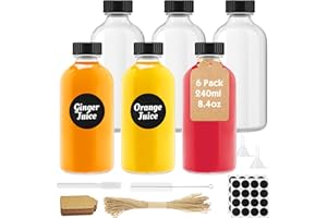 Furuising 6Pcs 240ml Bouteille Verre, Grandes Shot Bouteille en Verre Vide, Réutilisables Miniatures Bouteilles avec Entonnoir, étiquettes et Stylo Pour Ginger Shot, Liqueur, Jus