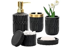 ATLDMPHIC Bathroom Accessories Set, 5PCS Glass Set of Lotion Dispenser, Includes Soap Dispenser, Soap Dish, Toothbrush Holder, Tumbler and Jar, Stylish Modern Bathroom Decor (Black)