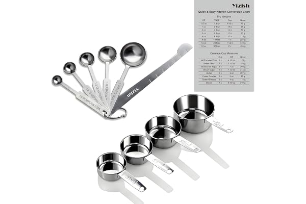 Yizish Cuillères et Tasses à mesurer en Acier Inoxydable avec Mesure Règle, DE Cuisine Tableau de Conversion Lot de 10 pour Sec et Liquide ingrédients