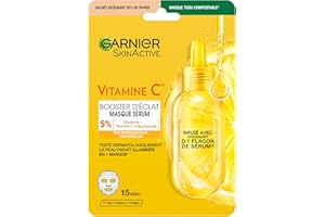 Garnier - Masque Tissu Hydratant - Booster d'Eclat - Enrichi en Vitamine C et Acide Hyaluronique - Formule Vegan - Pour les Peaux Ternes et Fatiguées - 28 g