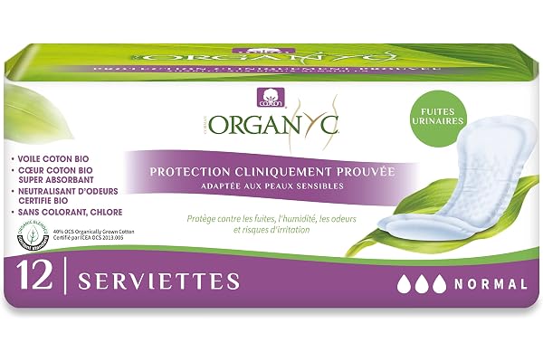 Organyc - Serviettes Normal pour fuites urinaires, en coton certifié, ne contiennent ni parfums ni plastique, ni matériaux chimiques - 1 paquet de 12 Serviettes, Flux modéré