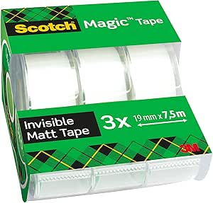 Scotch Magic Invisible Tape - 3 Hand Held Dispensers 19mm x 7.5m - General Purpose Sticky Tape for Document Repair, Labelling &amp; Sealing
