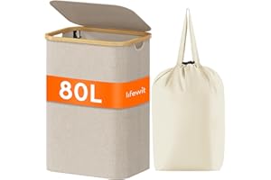 Lifewit 80L Laundry Basket with Lid, Clothes Hampers for Laundry with Bamboo Handles and Removable Laundry Bags, Large Foldable Laundry Hamper for Bedroom, Bathroom, Dorm,Laundry Room, Beige