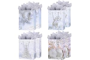 ZJHIOME 8 Pack Large Christmas Gifts Bag - 12.6'' Xmas Paper Gift Bags with Tissue Paper - 4 Assorted Glitter Pattern Christmas Treat Bags for Presents & Holidays