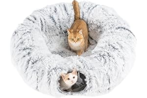 Avont Cat Tunnel Bed with Central Mat, Large Cat Donut Bed Tunnel Tube for Indoor Cats Kittens Ferret, Plush Fluffy Cat Doughnut Play Tunnels -Grey