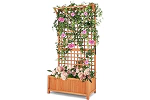 HOMASIS Cama de Jardín Elevada con Enrejado y Techo, Jardinera de Madera Alta y Independiente con Agujeros de Jrenaje, Trepadora para pPantas de Celosía para Terraza, Patio (Orange, 90x44,5x183,5cm)