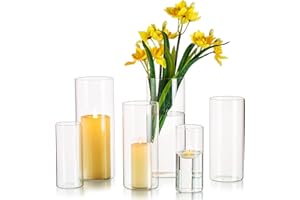 Vases Cylindriques en Verre pour Décoration de Table, Hewory 6pcs Clear Vase Set for Decoration Mariage, Vase Transparent Verre Hurricane Candle Holders for Decoration Maison Home, 10/15/20cm H