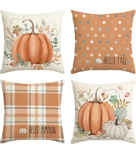 Fall Pillow Covers Set Of 4 - Pumpkin & Plaid Decor For Sofa, 18x18 Inch