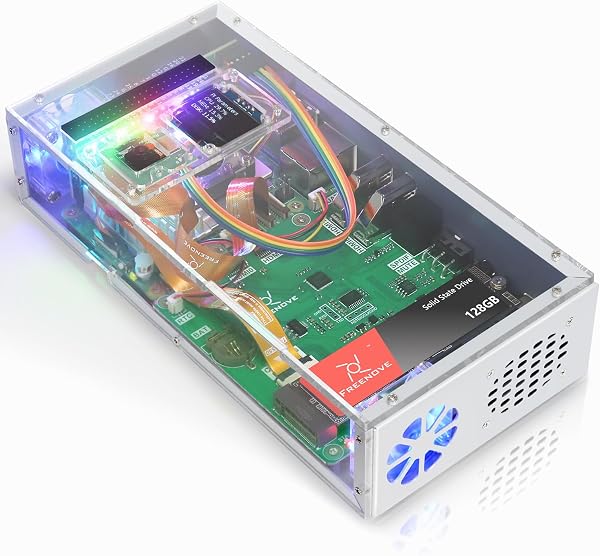 FREENOVE Computer Case Kit for Raspberry Pi 5 (NOT Included), 128GB M.2 NVMe SSD 800 MB/s, 5 MP Camera, 0.96 Inch OLED Screen, Built-in Stereo Speakers, 3.5 mm and Optical Audio (S/PDIF) - 1