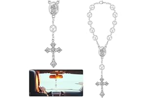 Otuuz 1 Rosario de Coche para Espejo Retrovisor con San Cristóbal y Crucifijo, Plata, Regalo para Conductor Rosario de Oración para Parasol Espejo Interior Talismán para Buena Suerte en Viaje