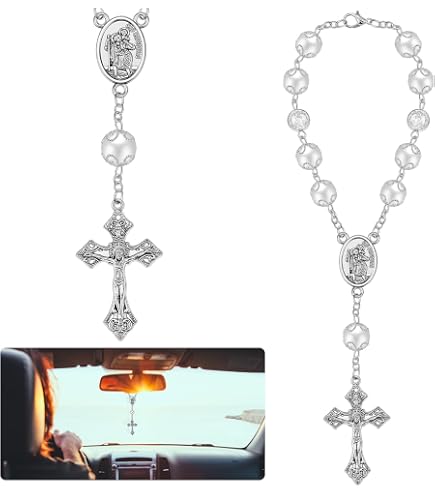 BOBIJOO Mini-Auto-Rosenkranz Aus Metall – Für Rückspiegel, Handtasche Oder Als Anhänger (Silber & Grün)
