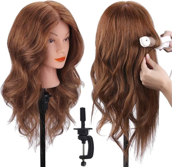 Cabeza de Maniquí, TopDirect 18" 100% Cabello Humano Real Practicas Formación Muñeca de la Cosmetología para Peluquería, Cabeza de Muñeca con Soporte de Mesa + Accesorios de Peinado - 1
