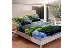 HOMEMISSING Waterfall Bedding Sheet Tree Scenery Fitted Sheet for Kids Boys Girls Natural King Size