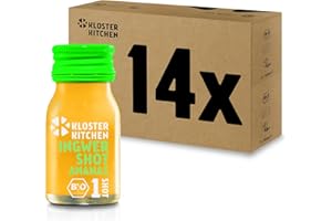 Kloster Kitchen Lot de 14 shots de gingembre bio à l'ananas - 14 x 30 ml - Avec de vrais morceaux de gingembre - Vegan dans une bouteille en verre à emporter - Doux et épicé - Sans additifs
