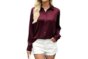 Zeagoo Blusa de Satén para Mujer Elegantes Camisas Manga Larga Cuello en V Camiseta con Botones Color Sólido Tops Suelta Empresa Casual S-XXL