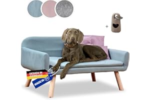 Rohrschneider Hundesofa Chicago | abwaschbares Hundebett für kleine bis mittelgroße Hunde | Vollholzbeine | Stoff: 40.000 Scheuertouren | Made in EU | blau | B 103 x T 57 x H 50 cm | inkl. Gassibeutel