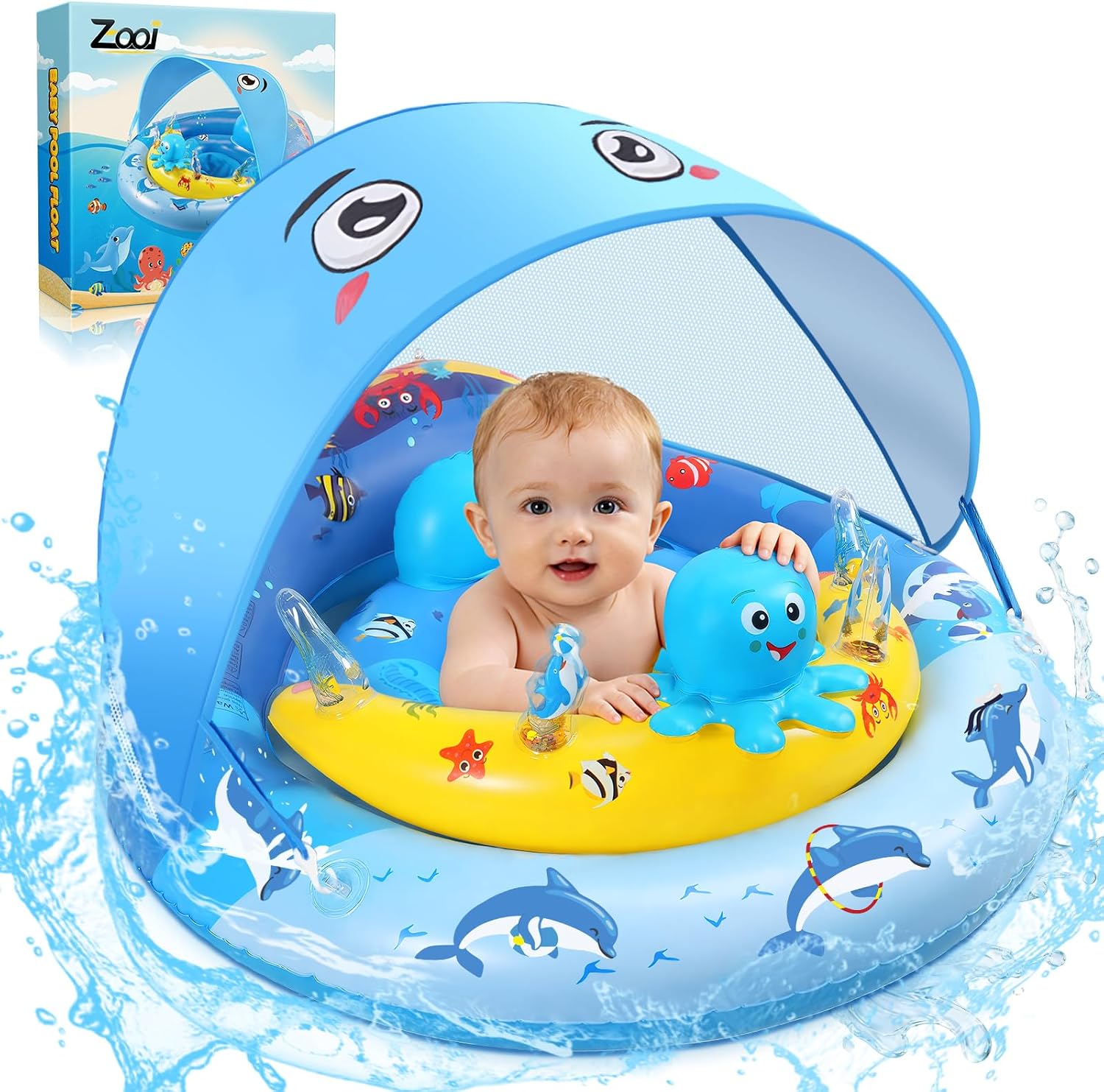ZOOI Flotador Bebe con Sombrilla de 6 Meses, UV UPF 50+ Flotador Inflable para Bebe de Protección Solar Antivuelco Piscina Bebé, Entrenador de NatacióN Adecuado Bebé para 5-20 KG