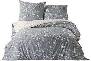 Bedsure Pościel bawełniana, 200 x 200 cm, szara/beżowa, zestaw 3-częściowy: 1 poszewka na kołdrę i 2 poszewki na poduszkę 80 x 80 cm