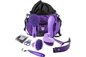 Harrison Howard Kit de 7 brosses de toilettage pour cheval avec sac de rangement - Série Equine Care - Violet