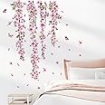 decalmile Hanging Blossom Flower Vine Wall Decals Pink Flower and Leaves Wall Stickers Bedroom Living Room Sofa TV Background Wall Decor