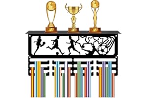 CREATCABIN Appendiabiti per Medaglie Da Calcio Scaffale per Trofei Porta Medaglie Da Calcio con Supporto per Mensola Sport 4 fila Supporto Da Parete Sospeso In Metallo Contiene 70+ medaglie 40x20x10cm
